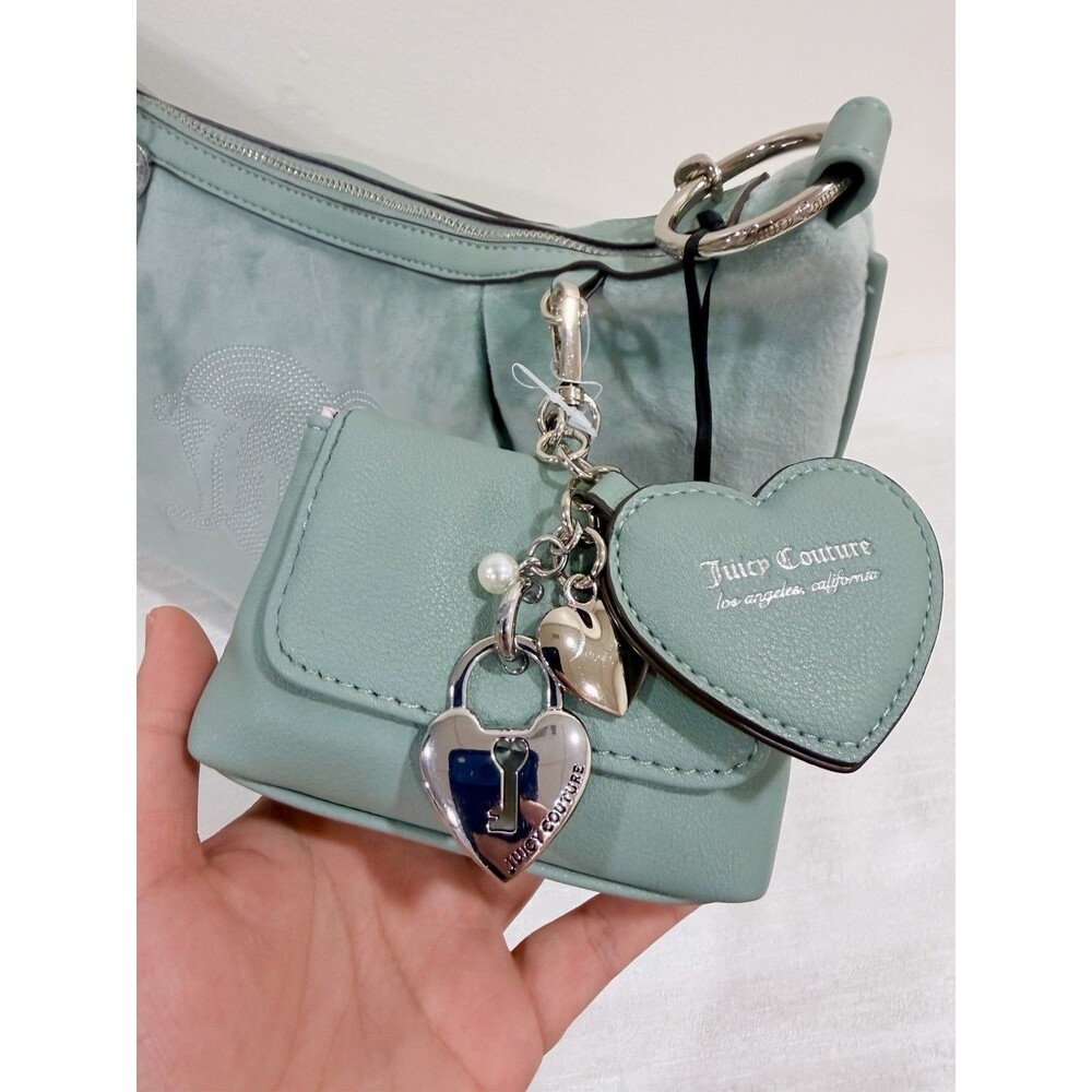 NWT Juicy Couture Queen Couture Hobo Bag Sage Mint Green Velour Rhinestone Heart - Picture 7 of 10
